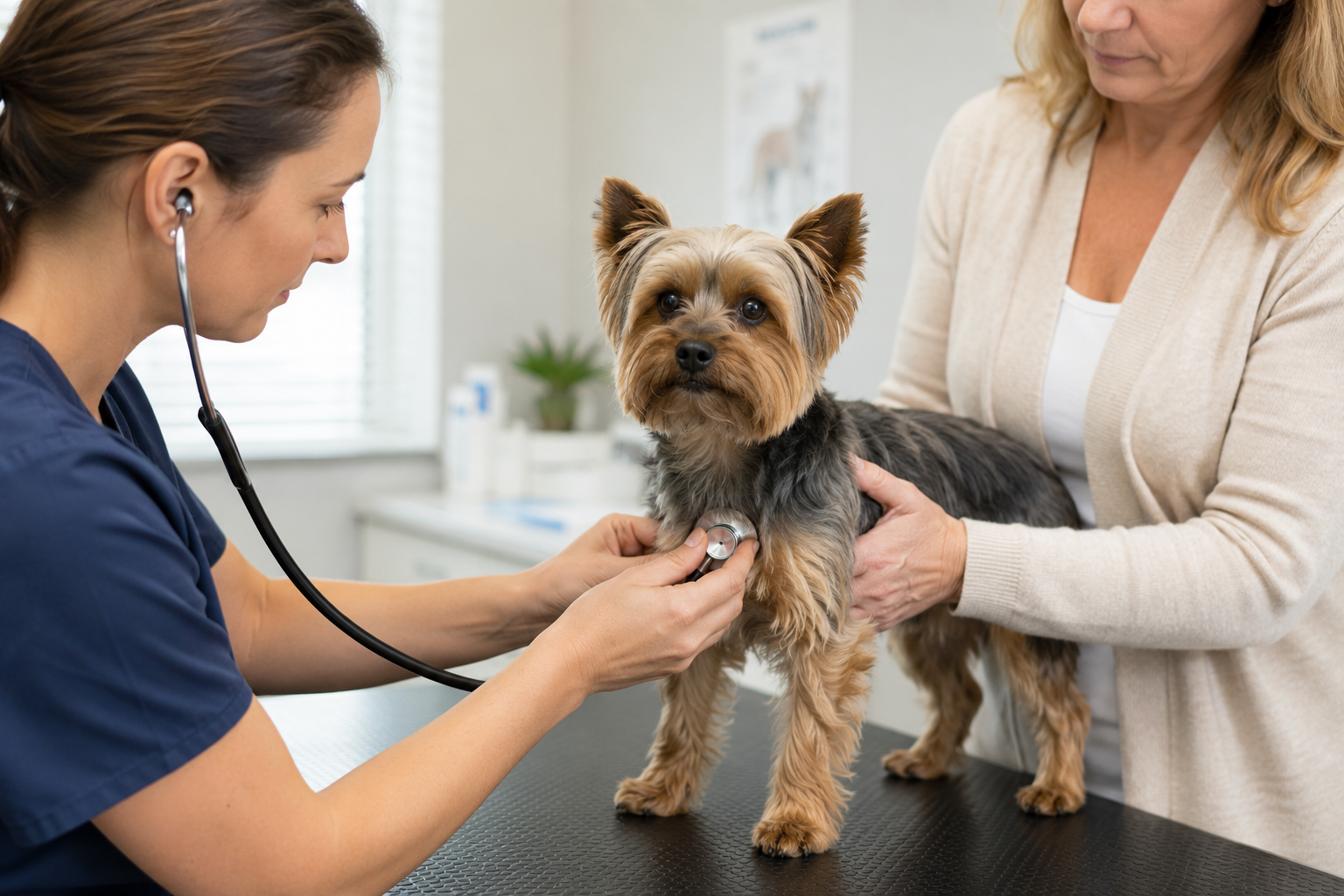 Veterinář poslouchá dýchání yorkšírského teriéra při vyšetření